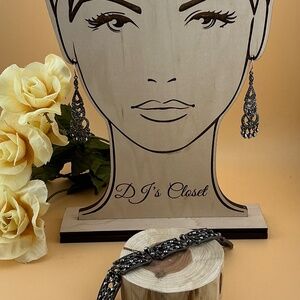 Signed MONET Chandelier Earrings & Matching Bracelet Black & Gray